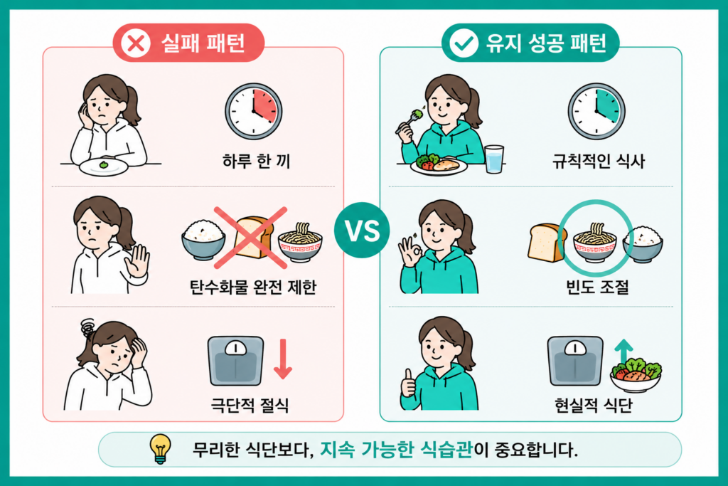다이어트 실패 패턴과 유지 성공 패턴 비교