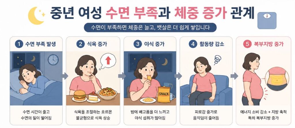 중년 여성 수면 부족과 체중 증가 관계