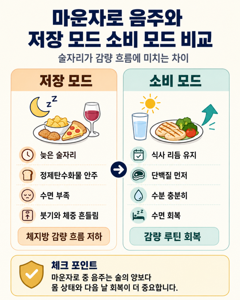 마운자로 음주와 저장 모드 소비 모드 비교