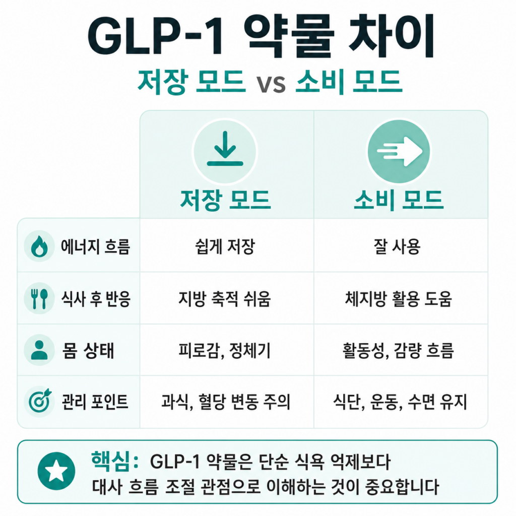 GLP-1 약물 차이 저장 모드 소비 모드 비교