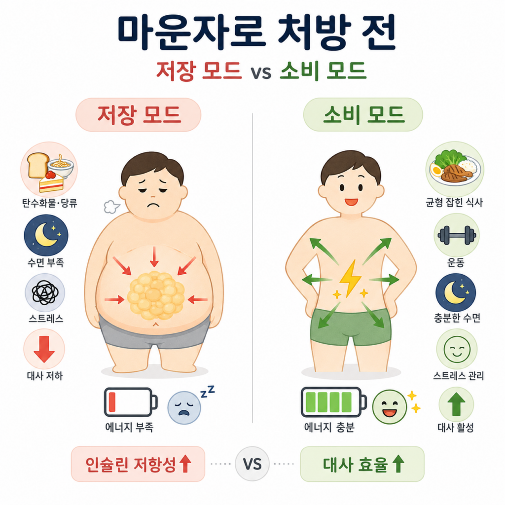 마운자로 처방 전 인슐린 저항성 저장 모드 소비 모드 비교