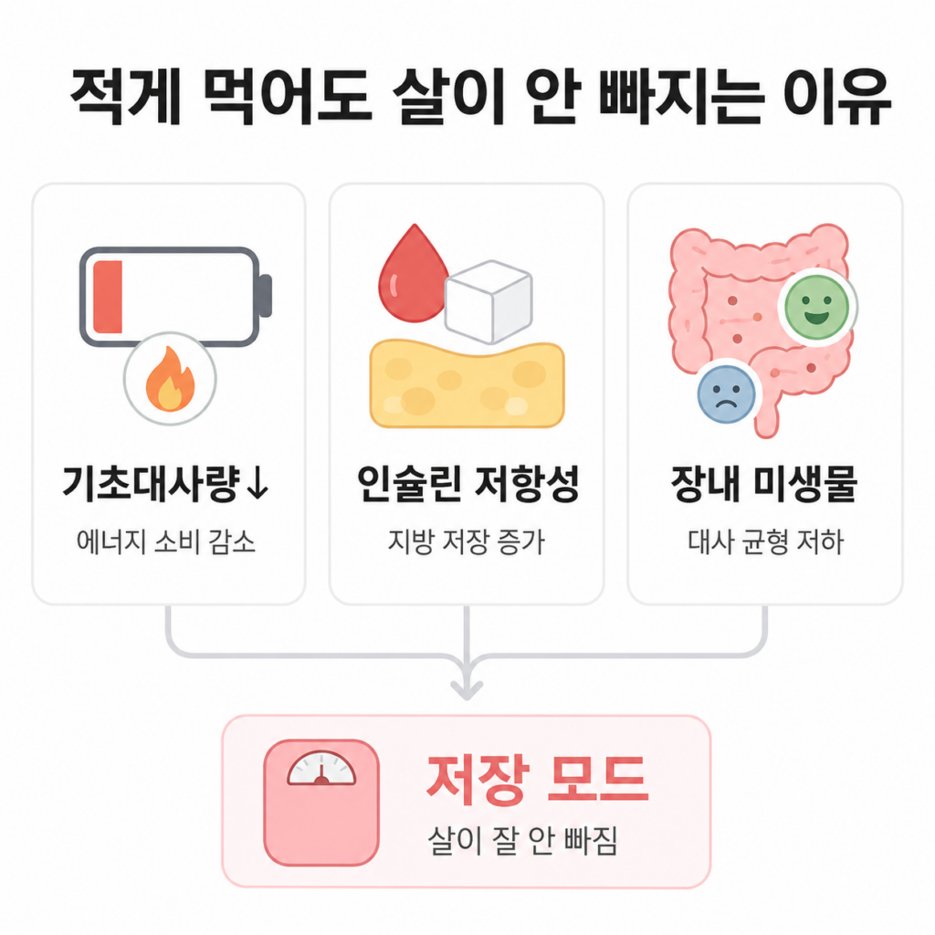 적게 먹어도 살이 안 빠지는 이유 기초대사량 인슐린 저항성 장내 미생물
