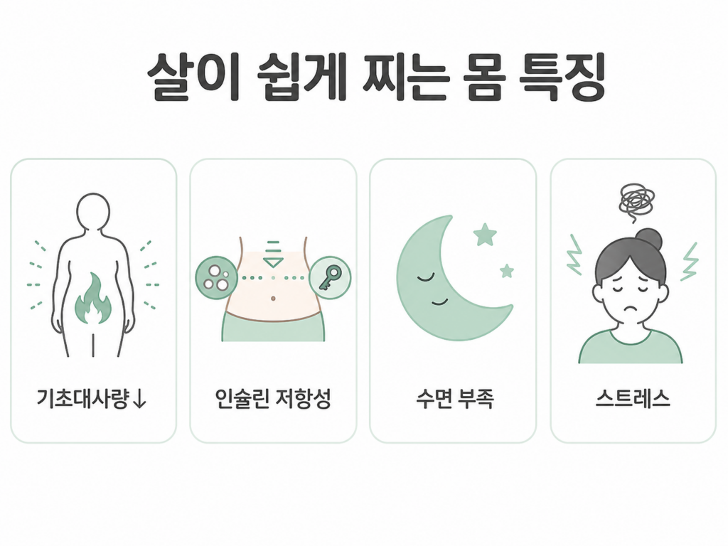 살이 쉽게 찌는 몸 특징 기초대사량 인슐린 저항성 수면 스트레스