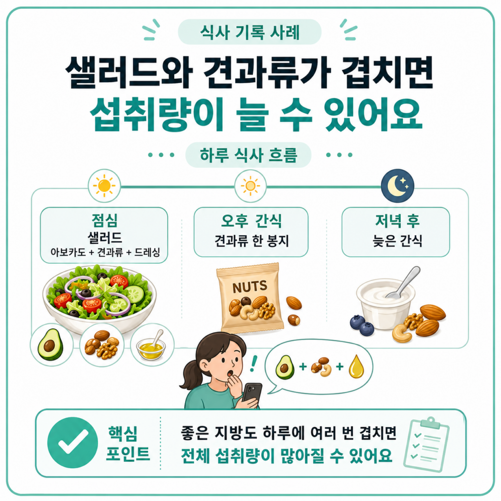 대구 다이어트 샐러드와 견과류 섭취가 겹친 식사 기록 사례