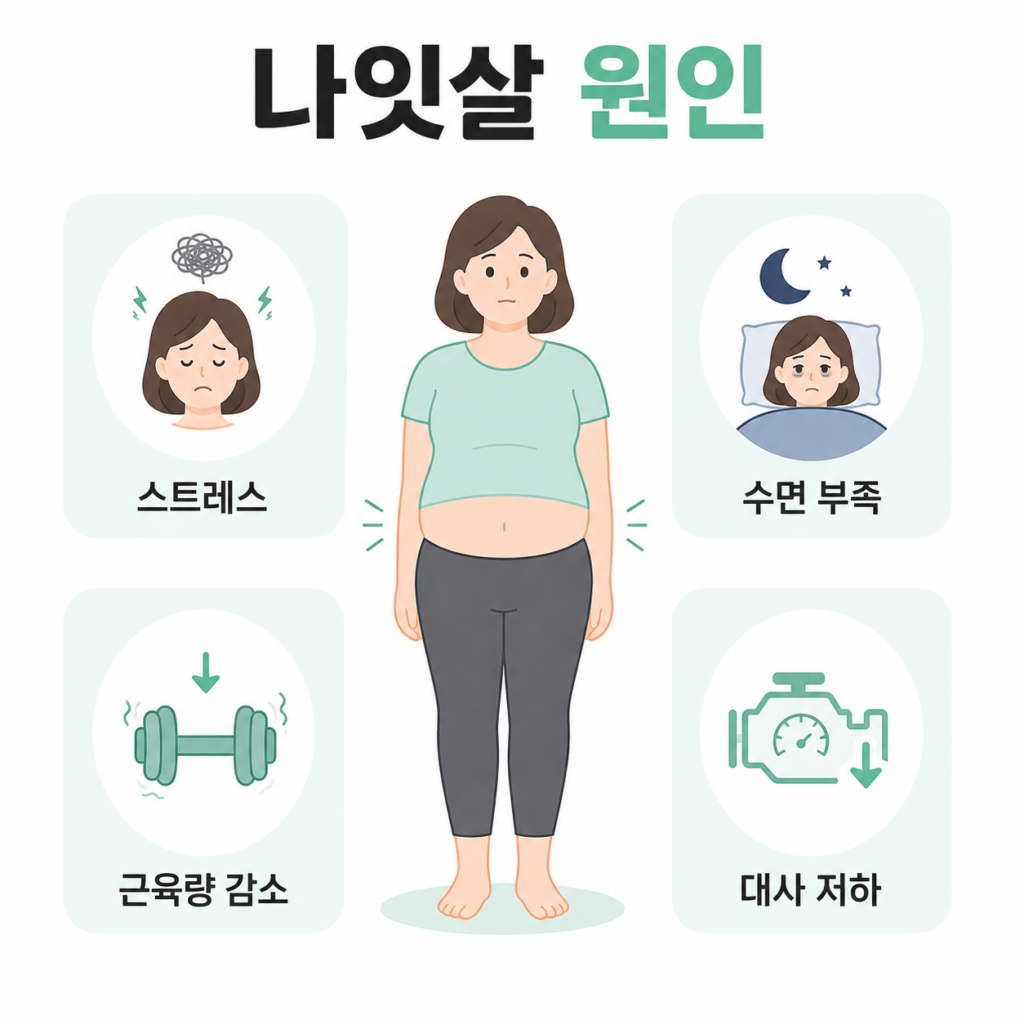 나잇살 원인 스트레스 수면 부족 근육량 감소 대사 저하