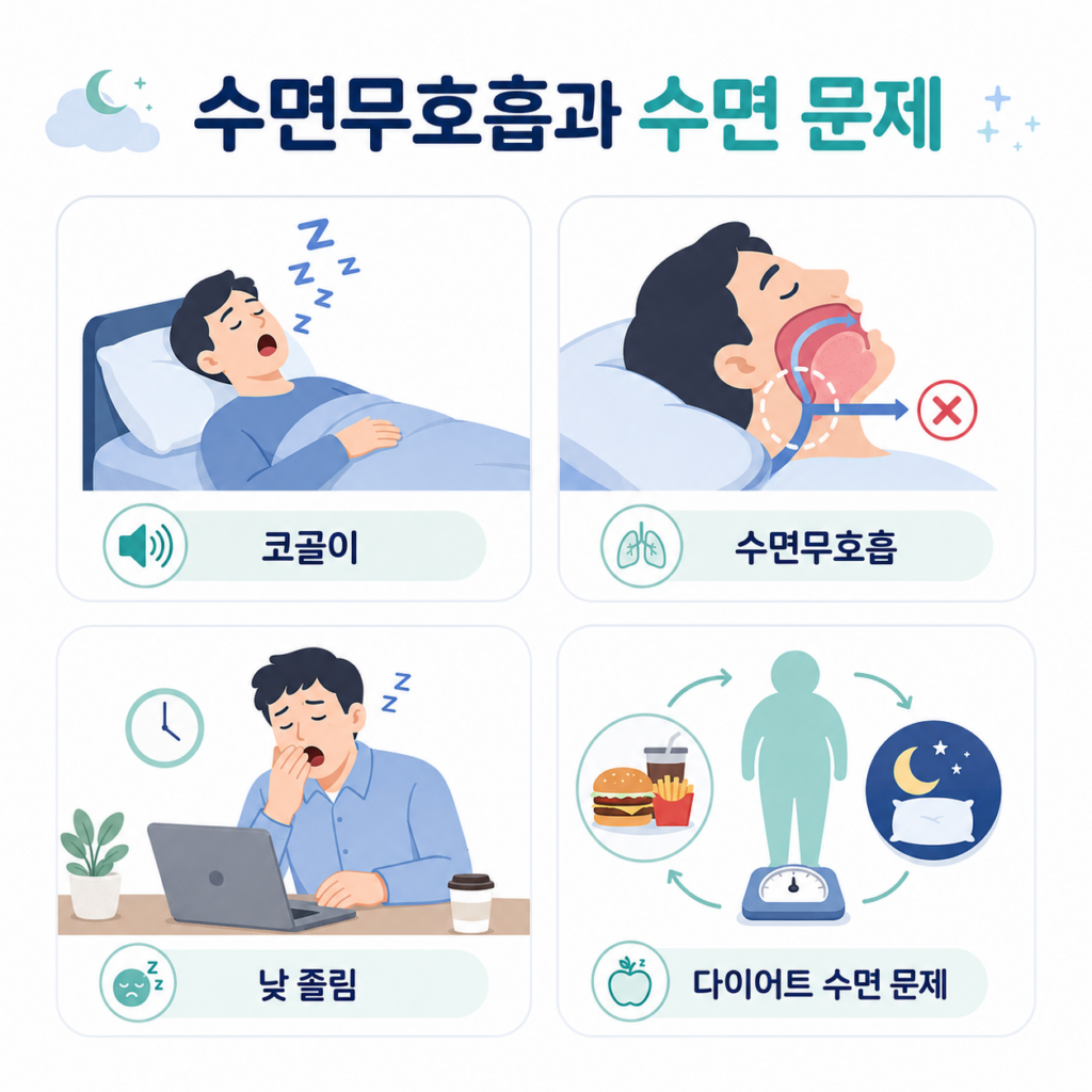 수면무호흡 코골이 낮 졸림 다이어트 수면 문제