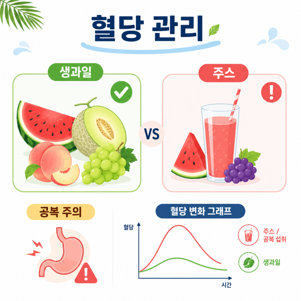 혈당 관리 여름 과일 생과일 주스 공복 섭취 주의
