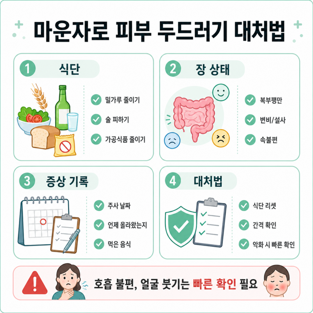 마운자로 피부 두드러기 대처법 식단 장 상태 증상 기록