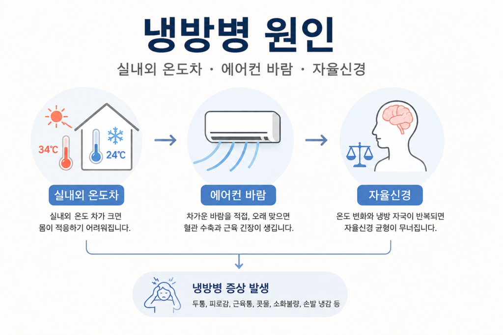 냉방병 원인 실내외 온도차 에어컨 바람 자율신경