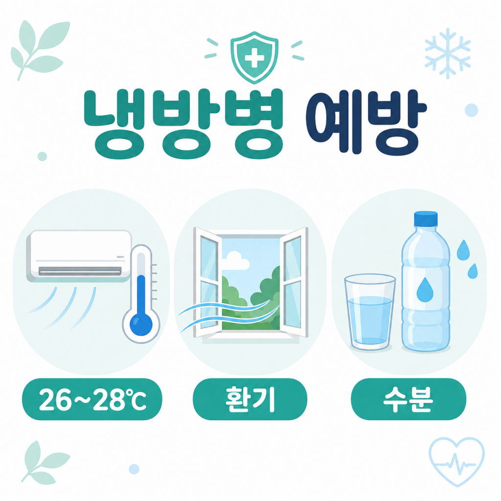 여름 냉방병 예방 실내 온도 26도 28도 환기 수분 섭취