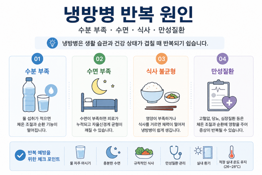 냉방병 반복 원인 수분 부족 수면 식사 만성질환