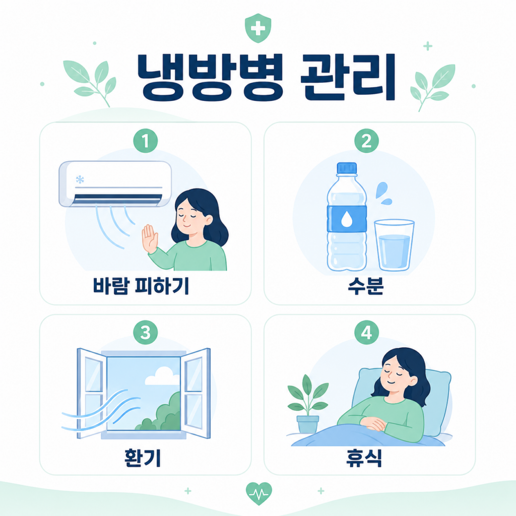 냉방병 관리법 에어컨 바람 피하기 수분 섭취 환기 휴식