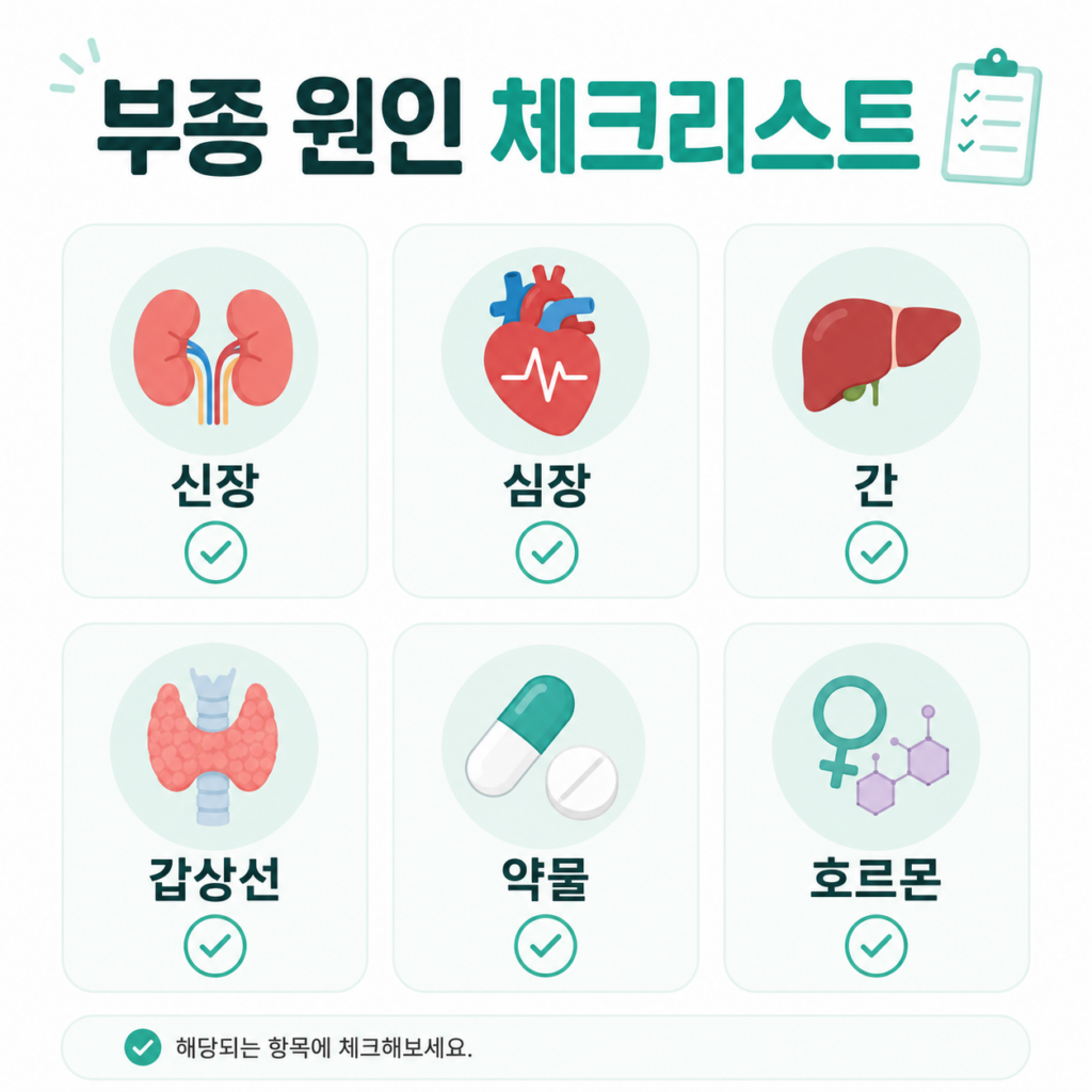 부종 원인 체크리스트 신장 심장 간 갑상선 약물 호르몬