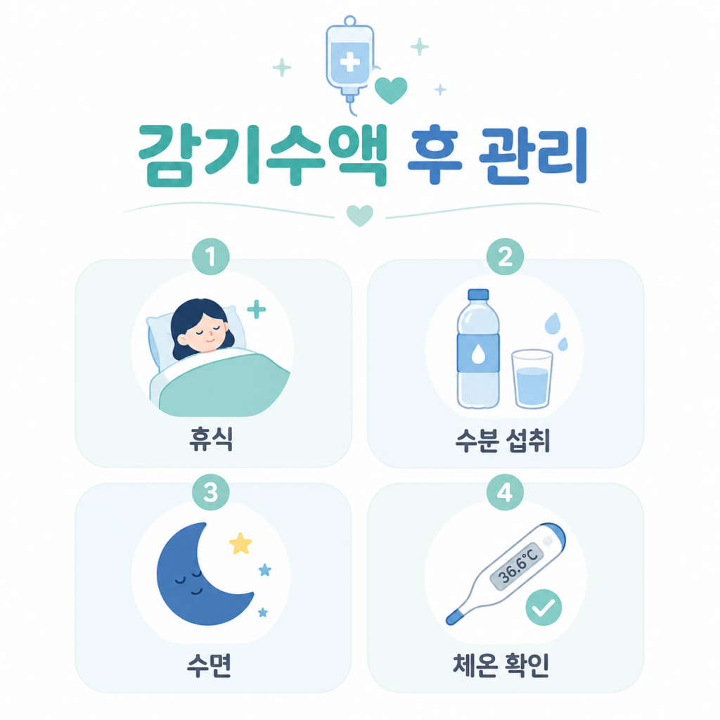 감기수액 후 관리 휴식 수분 섭취 수면 체온 확인