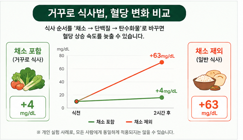거꾸로 식사법 채소 포함 여부에 따른 혈당 변화 비교
