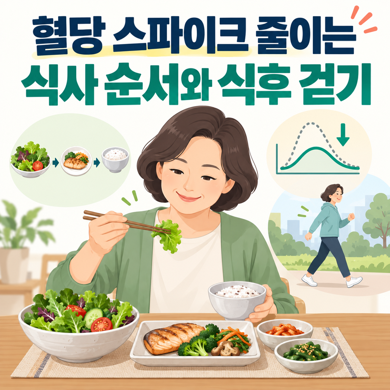 혈당 스파이크 줄이는 거꾸로 식사법 채소부터 먹고 식후 10분 걷기