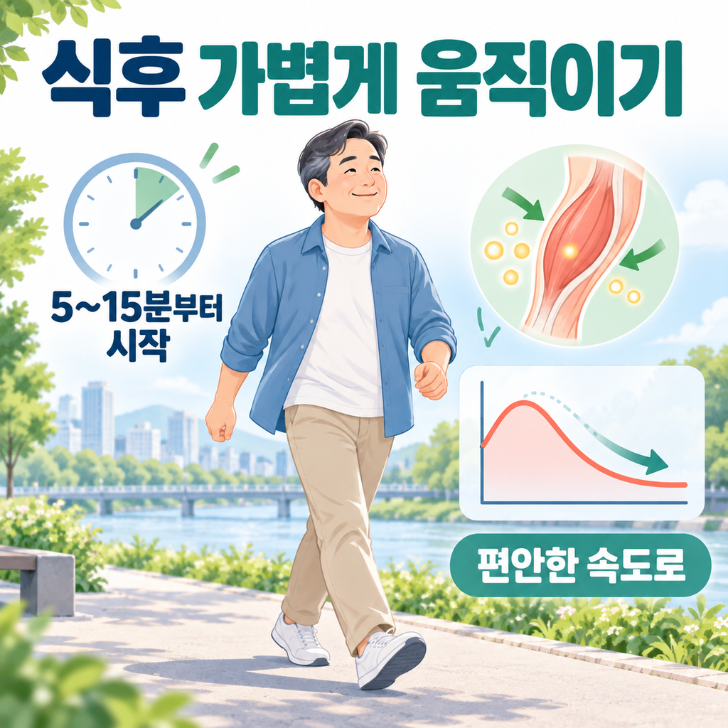 식후 편안한 속도로 5분에서 15분 걷는 혈당 관리 습관