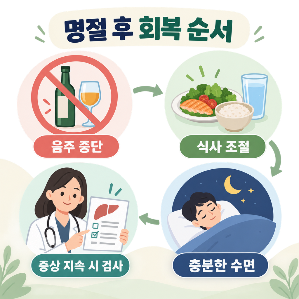 음주 중단과 식사 조절, 충분한 수면, 필요 시 검사로 이어지는 명절 피로 회복 순서