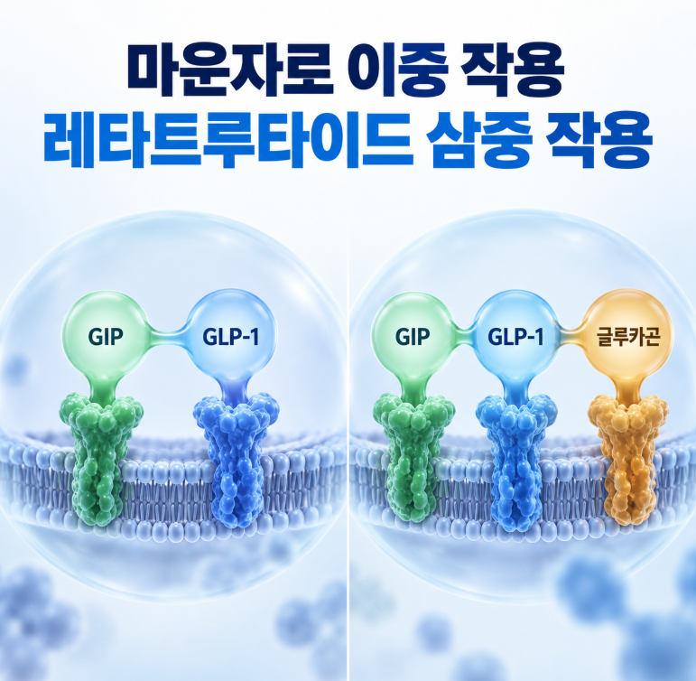 마운자로 이중 작용제와 레타트루타이드 삼중 작용제 비교