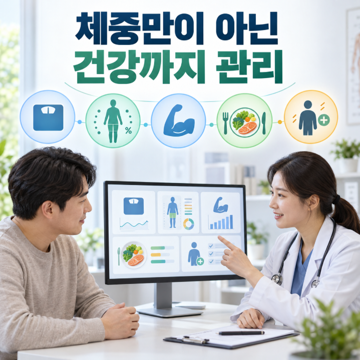 주치의가 체중과 근육량 및 부작용을 함께 관리하는 모습