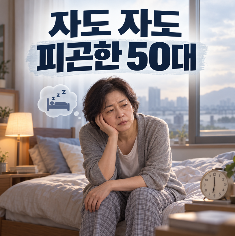 는 중년 인물과 흐린 아침 풍경 자도 자도 피곤한 50대 중년 우울증